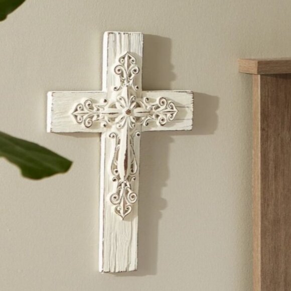 Ornate Whitewashed Cross - Picture 2 of 4